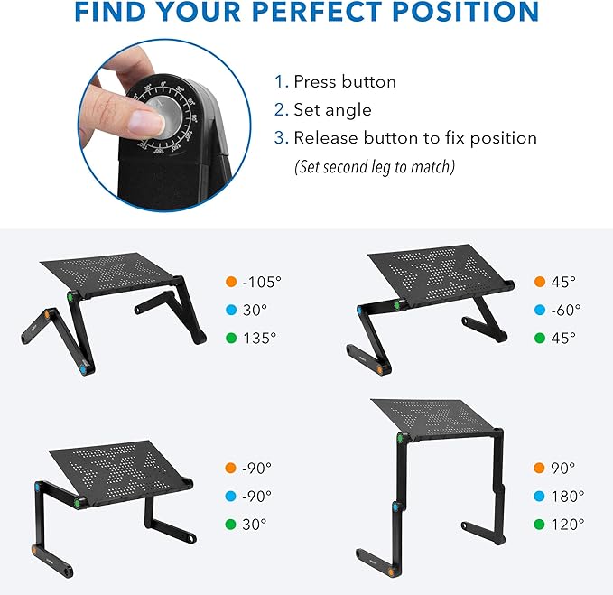 Mount-It! Adjustable Laptop Stand & Lap Desk, Freestanding Sit-Stand Laptop Tray for Bed, Couch, Desk & Floor, 22 lb Capacity, 1.6–18.9” Height, Ventilated Aluminum, Ships Fully Assembled