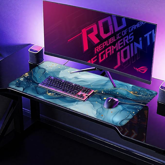 Large Mouse Pad, Blue Abstract Marble Desk Mat, Extended Gaming Mouse Pad with Non-Slip Rubber Base, Thick 3mm Smooth Surface Keyboard Mat for Office & Home,35.5 x 15.8 in
