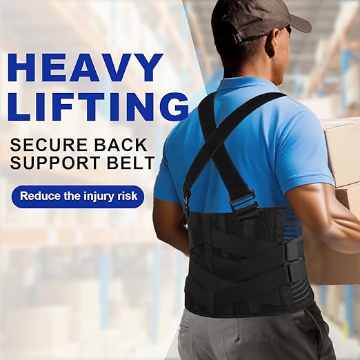 Work Back Brace with Removable Suspender Straps, Posture Corrector Protector for Heavy Lifting Safety, Lumbar Support Belt for Men Women in Construction, Moving and Warehouse Jobs S (27.5"- 33.5")