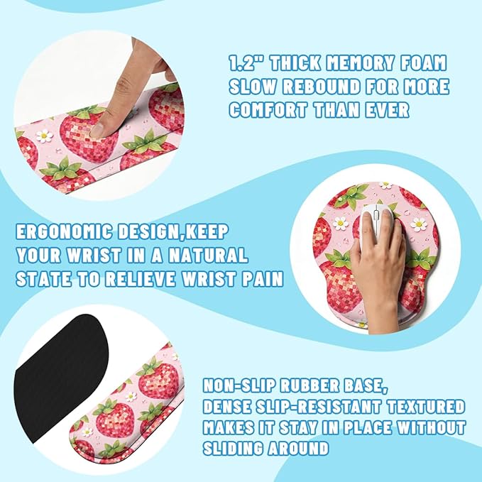 Strawberry Disco Desk Mat Set Fruit Pink Checkered Cute Large Mouse Pad with Wrist Rest 4in1 Desk Mat for Desktop Ergonomic Computer Desk Arm Wrist Anti-Slip Computer Mouse Pad Home Office Gaming
