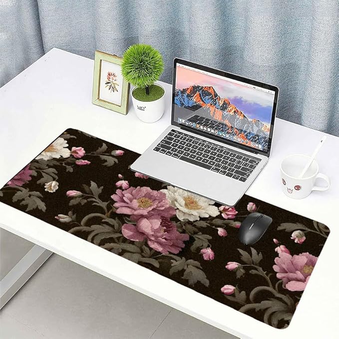 Luxury Peony Blooms Desk Mat, PU Leather Desk Pad with Non-Slip Base - Large Office Keyboard Mat for Women, Ideal Gift for Home & Gaming Setup （27.56 * 13.78in）
