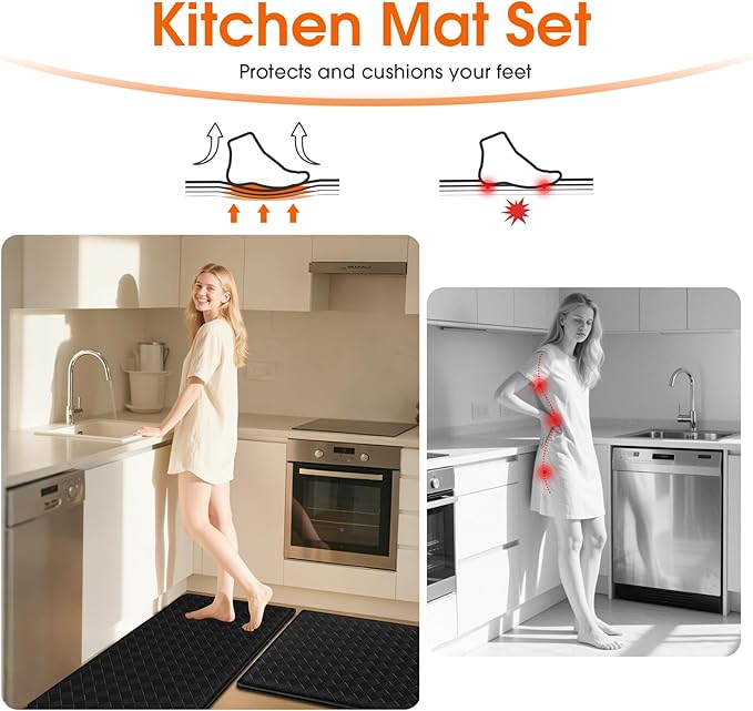 TranquilRelax Kitchen Mats, 2PCS Kitchen Rugs, Cushioned Anti Fatigue Kitchen Mats for Floor, Non-Slip Standing Desk Mat, Waterproof Kitchen Rug Set for Kitchen Floor Office,17.3"×30"+17.3"×59" Black