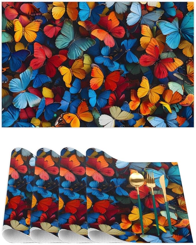 Placemats Set of 4 Heat-Resistant Rectangle Place Mats Vintage Art Butterfly Washable Plastic PVC Dining Table Mat Non-Slip Wipeable Woven Vinyl Placemat for Kitchen Patio Table Decor