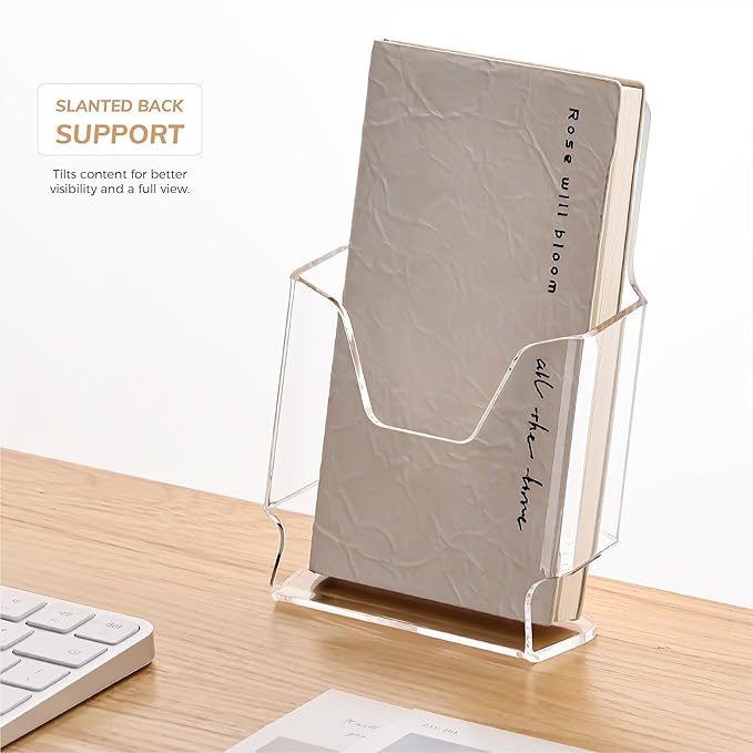 YUXUN Acrylic Brochure Holder 4x9inch,Clear Countertop Display Stand,Pamphlet Holder for Trifold 4 Inch Flyers,Booklets,Menu,Leaflets,Photocards for Office,Home,Store,1 Pack,A6