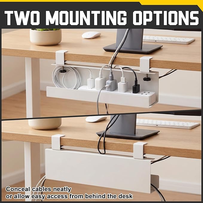 16×5×3 Inch No Drill Clamp-on Power Strip Cable Management Tray Under Standing Desk Steel Cable Organizer Wire Cord Tamer for Office, Home, Garage(White)