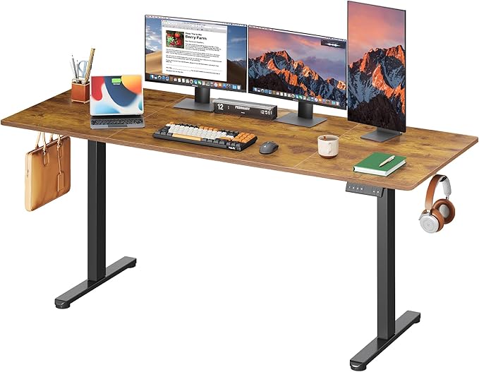 DEVAISE 71 Inch Electric Standing Desk, Adjustable Computer Desk for Home Office, Ergonomic Sit to Stand Desk with LED Touchscreen，Headphone Hook, 3 Memory Preset, with Split Top, Rustic Brown