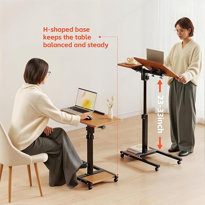 LINGMI Mobile Height Adjustable Laptop Desk with Mouse Pad, Portable Laptop Desk Rolling Tiltable Table with Small Side Table for Couch,Rolling Computer Stand