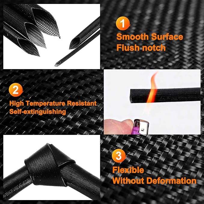 MECCANIXITY 30ft Braided Cable Sleeve, 3/8" ID 200C Heat Resistant 1500V Fiberglass Wire Insulation Cord Protector Organizer Wires Management for Motor Engine Fuel Line, Black