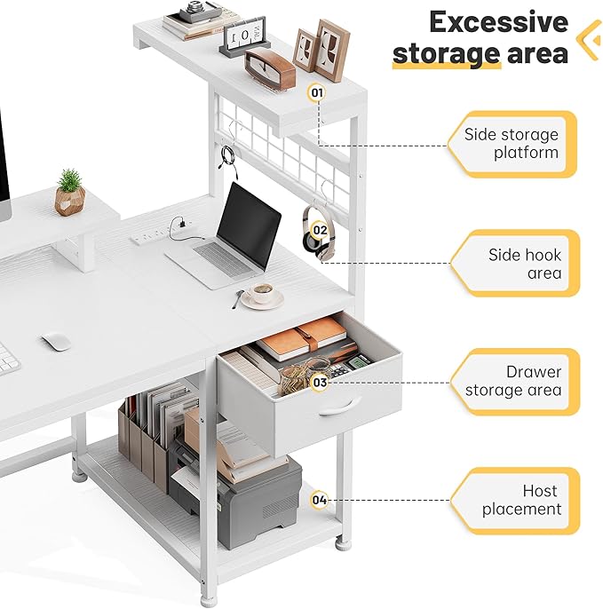EnHomee 40" Computer Desk with Drawer & Storage Shelves, Gaming Desk with Monitor Stand, LED Lights & Power Outlets for Living Room, Study Room, Bedroom, White