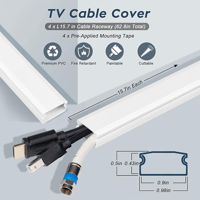 62.8in Cable Cover Wall, Beige Wire Cover for Wall, Paintable Cord Cover Wall Kit, Cord Hiders for TV on Wall, Hide Cords Wall Mounted TV - Cord Concealer Cable Channel 4xL15.7in W0.98in H0.5in