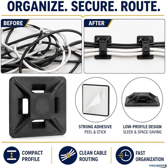 Kable Kontrol Zip Tie Mounts, 1/2” Sq, Black, 100 Pcs, Adhesive Backed Multi-Purpose UV-Resistant Mounting Squares Nylon Cable Tie Wrap Anchor Pads for Cable Management