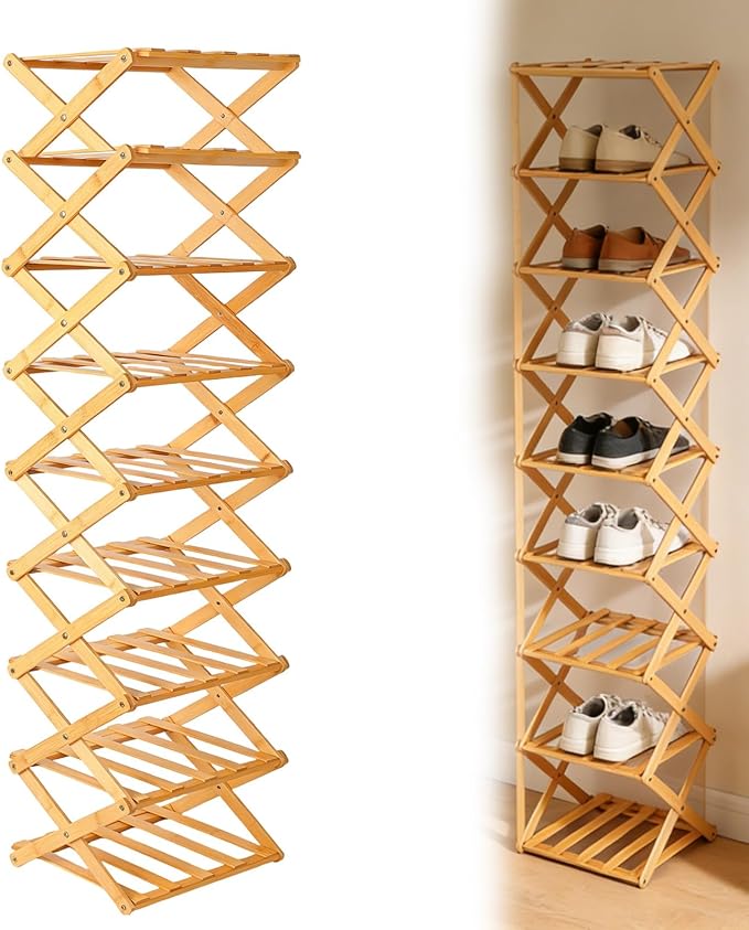 Foldable Shoe Rack, Tier No-Assembly Bamboo Rack, 2026 New Portable Bamboo Corner Shoe Rack, Multifunctional Narrow Shoe Shelf for Entryway, Closet, Corner, Bedroom (9 Layers)