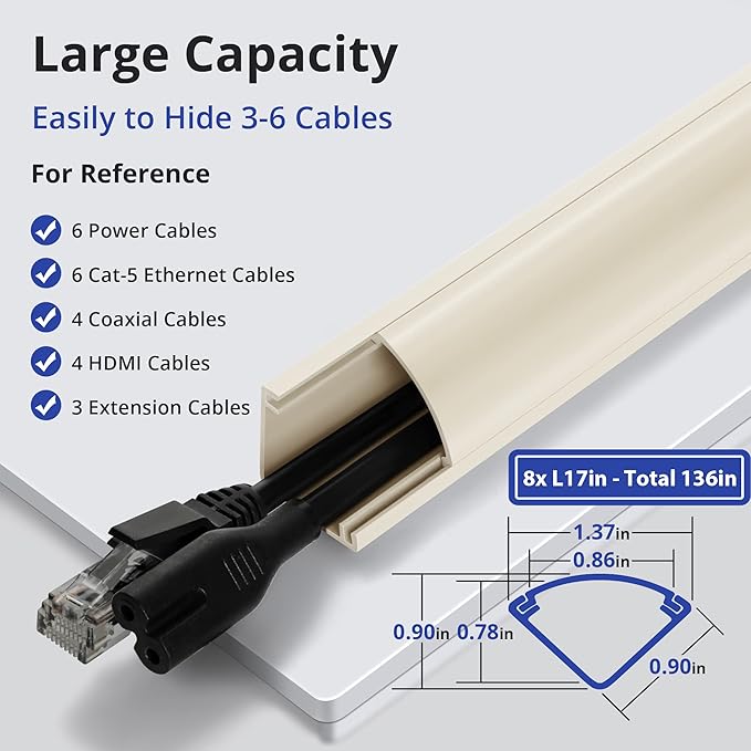 136in Corner Cable Concealer, Large Corner Cord Hider, Wire Covers for Cords, Paintable Cord Cover, Cable Management Channel Raceway for Wall, Floor Baseboard, Ceiling -8 X L17in Beige