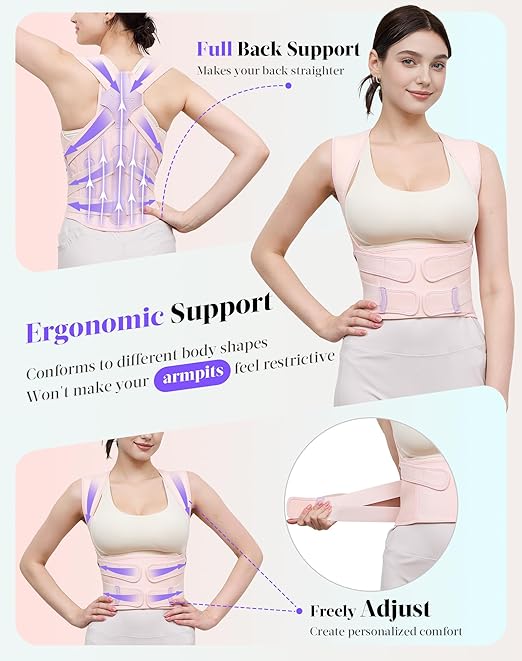 Kepwaa Posture Corrector for Women and Men, 5 Full Back Support Brace Rods, Adjustable Shoulder Straightener, Relief for Upper and Lower Back, Neck, Lumbar, Scoliosis, Hump, Pink, Medium
