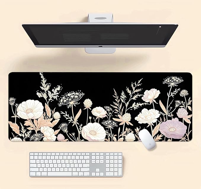 Boho Floral Large Mouse Pad, Black Aesthetic Wildflower Desk Mat, Non-Slip Extended Keyboard Pad, Retro Flower Vintage Botanical Art Mousepad for Women Home, Office, Gaming, 31.5x11.8 Inch