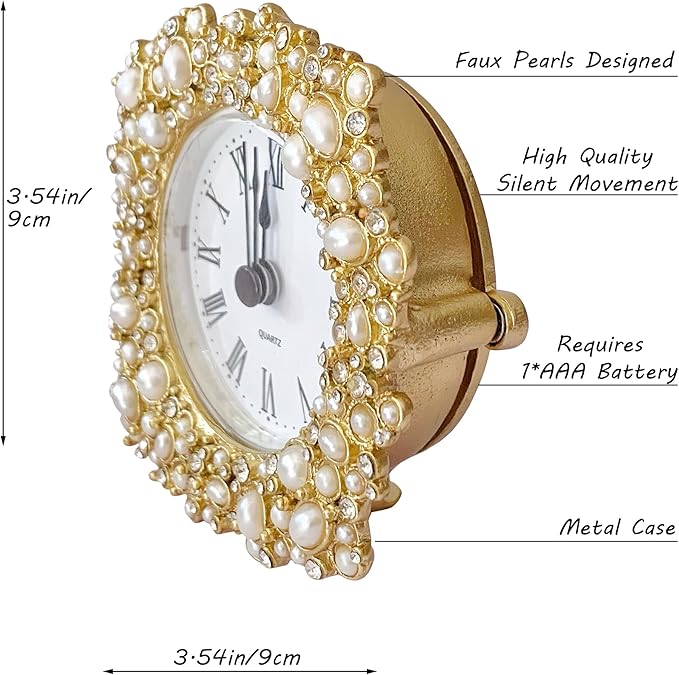Silent Mini Vintage Analog Table Clock with Faux Pearls Metal Body and Battery Operated Non-Ticking Core for Shelf, Bedroom, Bedside, Desk, Gift Clock