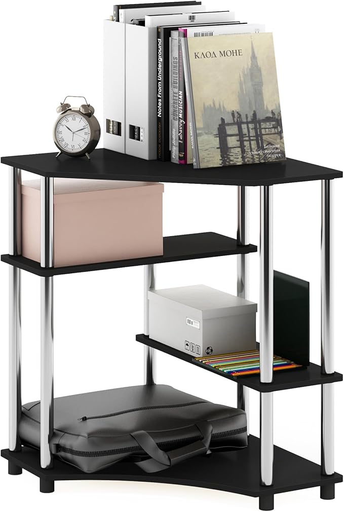Furinno TURN-N-TUBE Desk, Corner Gaming Desk with Storage Shelves, Corner Computer Desk, Office Desk for Home Office, Bedroom, Americano/Stainless Steel Tubes