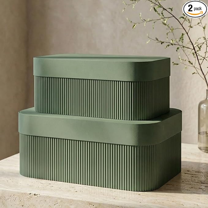 ZICOTO Decorative Storage Boxes with Lids - Set of 2 Beautiful Fluted Photo Organizer Bins for Your Home Bookshelf Decor to Safely Store Your Documents, Memory Box Items and Other Keepsakes in Style
