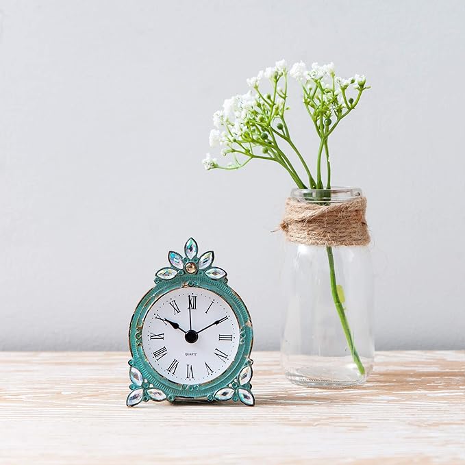 NIKKY HOME Vintage Pewter Quartz Mini Table Clock with Crystal Shining Rhinestone, 2.87 x 1.37 x 3.87 Inches, Aqua