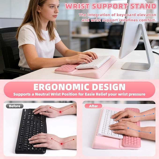 Keyboard Stand with Wrist Rest，Ergonomic Wrist Pad Memory Foam Keyboard Riser Holder Tray with Non-Slip Base, Pain Relief for Work Study Game (Pink)