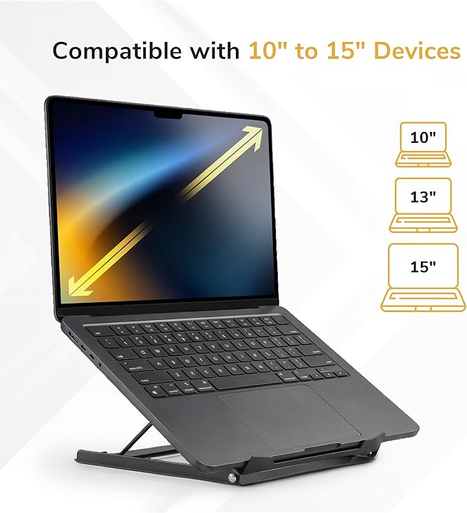 Mount-It! Laptop Stand for Desk, Adjustable Height Steel Laptop Riser for 10–15 Inch Laptops & Tablets, Foldable Portable Laptop Stand with Ventilated Cooling Design, Ergonomic Computer Stand, Black