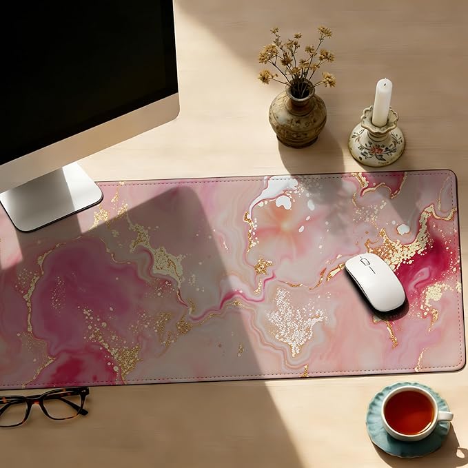 Large Gaming Mouse Pad Pink Gold Marble Desk Mat,Non-Slip Rubber Base Stitched Edges,Extended Mousepad for PC,Laptop,Office,Home Decor(31.5 x 11.8 Inch)