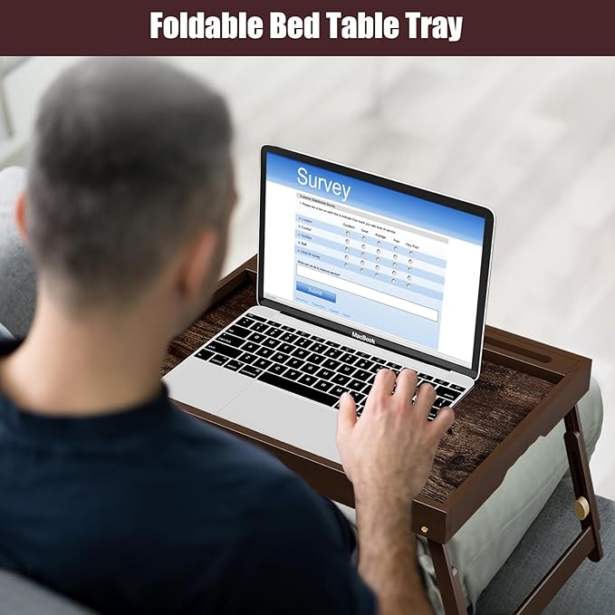 Bamboo Breakfast Tray with Telescopic Legs Tray with Foldable Legs and Removable Stand | Ergonomic Handle | Portable Bed Tray for Dining, Working, Laptop, Tablet and Phone，Vintage Walnut