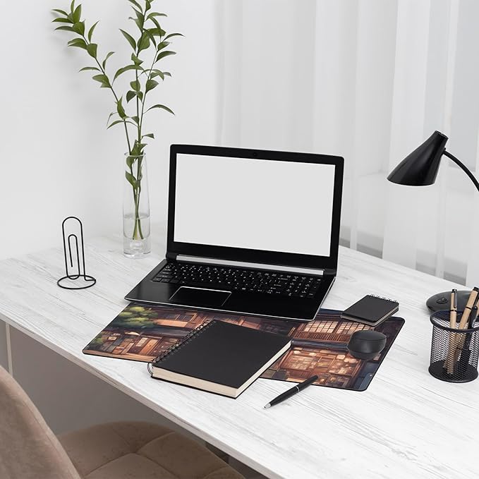 Anime Architecture Large Extended Gaming Mouse Pad Japanese Town XXL Mousepad Desk Pad for Keyboard and Mouse, Non-Slip Rubber Base Mousepad with Stitched Edges for Office Desk Decor, 31.5 x 15.8 in