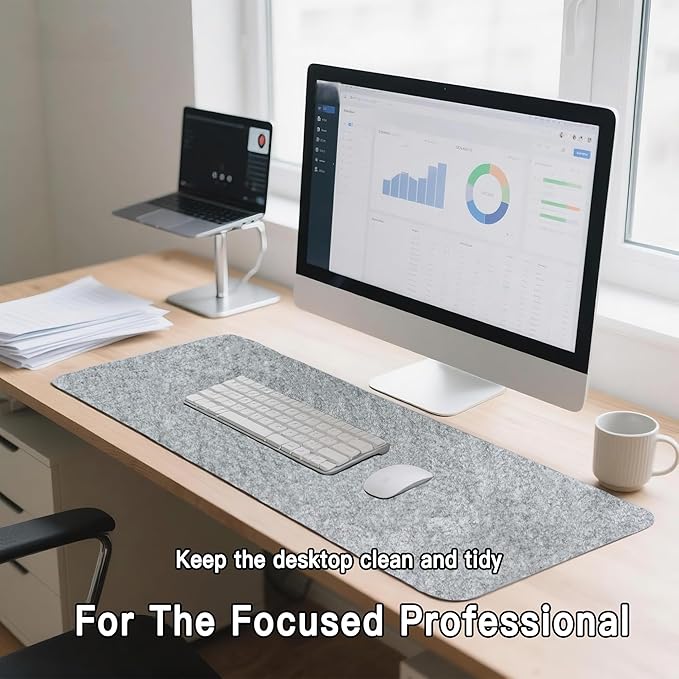 Large Felt Desk Mat, 35.4" x 15.7" Felt Desk Pad - Non-Slip Keyboard Mat & Mouse Pad for Office and Gaming, Water Resistant Desktop Protector for Computer, Home, Work (Light Gray)