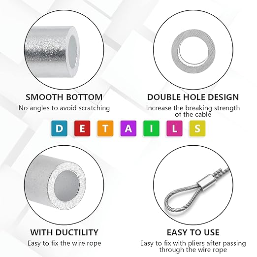 25Pcs Wire Rope Stop Sleeves, 1/4 Inch (6mm) Aluminum Crimping Loop Sleeve Round Cable Stop Sleeve for Wire Rope