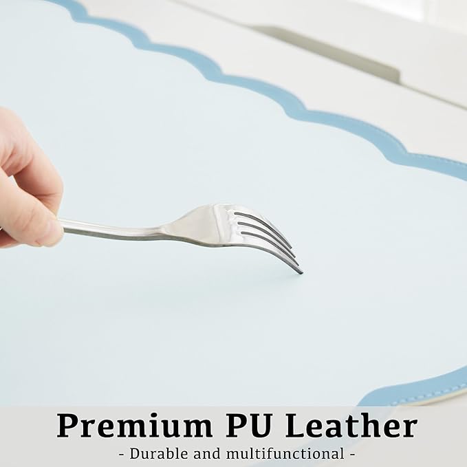 Scalloped Desk Mat, 31.5" x 15.7" Large Cute Aesthetic Desk Accessories, PU Leather Computer Laptop Desk Mouse Keyboard Pad, Desk Writing Mat for Vanity/Work/Home Decor (Blue, 31.5" x 15.7")
