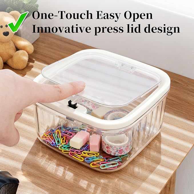 THMINS 2 Pack Hair Accessories Organizer for Girls,Small Plastic Storage Box with Lid for Kids Hair Clips,Ties,Bows&Jewelry,Stackable Dust-Proof Flip Top Container,Desktop Organizer(Clear)