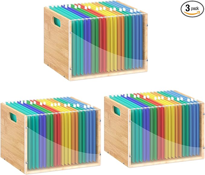 Sbanmao 3 Pack Hanging File Organizer, Clear Acrylic File Box Organizer, Bamboo Filing Box File Crate Organizer Storage Boxes, Portable Filing Organizer with Handle for Letter Size