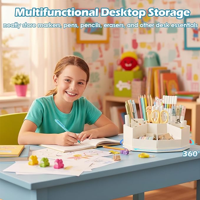 360 Degree Rotating Desk Organizer Caddy with 9 Compartments, Large Capacity Detachable Pencil Holder for Desk, Multifunctional Desktop Storage for Office, School, Home, Dressing Table, Blue