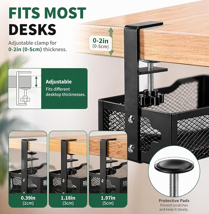 Under Desk Cable Management Tray, Metal Desk Cord Organizer, Adjustable Clamp, No Drill, Durable Desk Cable Organizer – 13.4''