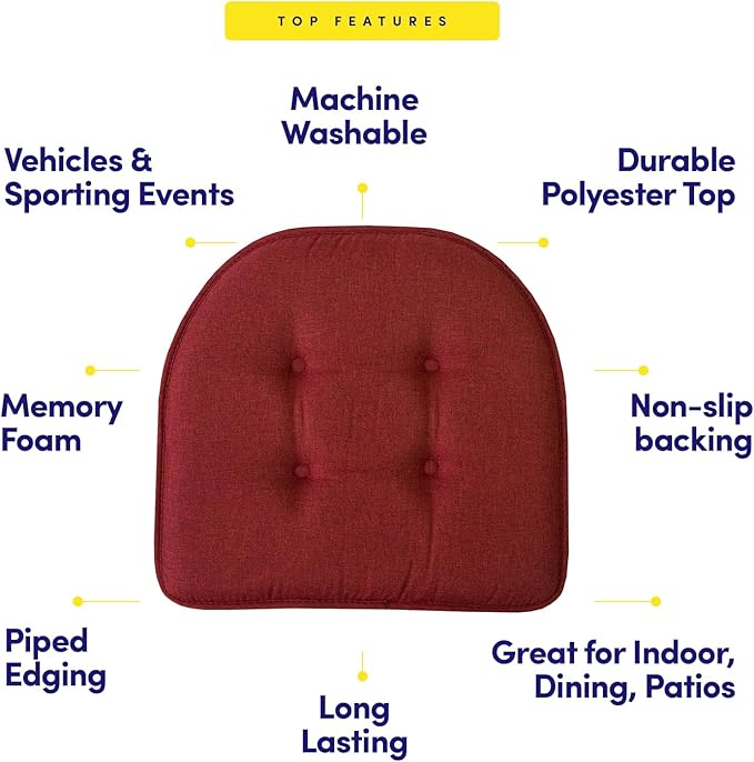 Sweet Home Collection Chair Cushion Memory Foam Pads Tufted Slip Non Skid Rubber Back U-Shaped 17" x 16" Seat Cover, 4 Count (Pack of 1), Wine Burgundy