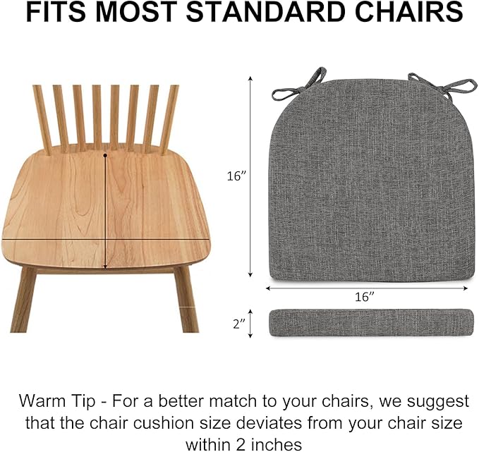 Wellsin Chair Cushions for Dining Chairs 6 Pack - Kitchen Chair Cushions with Ties and Non-Slip Backing - Dining Chair Pads 16"X16"X2", Dark Gray