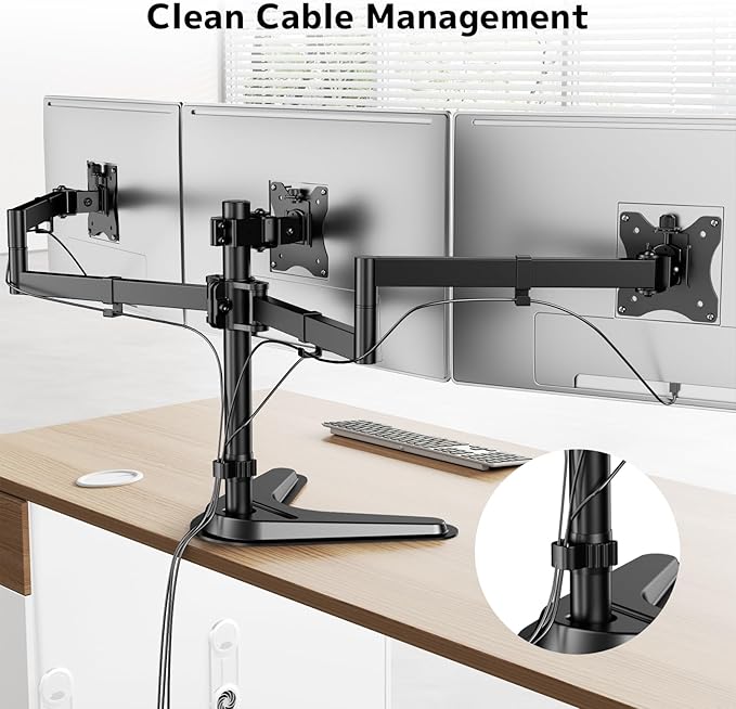 Triple Monitor Stand, Full Motion Adjustable Arm Fits 3 Screens up to 27 inch, Free Standing Desk Stand with Base and Cable Management, 22 lbs Weight Capacity per Arm, 75/100 mm VESA, Black