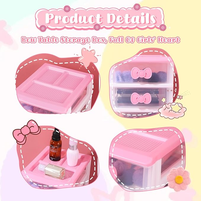 Girls Cute Lovely Color Storage Box Makeup Organizer with 4 Layers, Cute Storage Cabinet Box with Bow Handle, Desktop Storage Box for Home Bedroom Bathroom Women Girl Gifts (Pink)