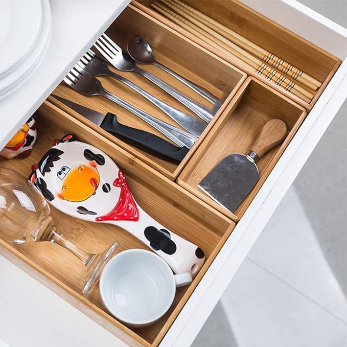 PRATIQUE Bamboo Drawer Organizer - Kitchen Utensil Organizer Silverware Tray Cutlery Holder，Office Desk Supplies and Accessories (5.9x3x2.6 inch)