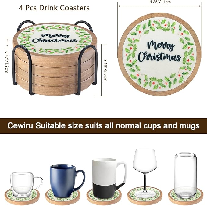 Christmas Coasters Set of 4 with Holder, Cewiru Cup Mat for Drinks, Absorbent Coasters with Felt Insert for Coffee Table Protection, Modern Style Home Dining Table Decor, 4.3"