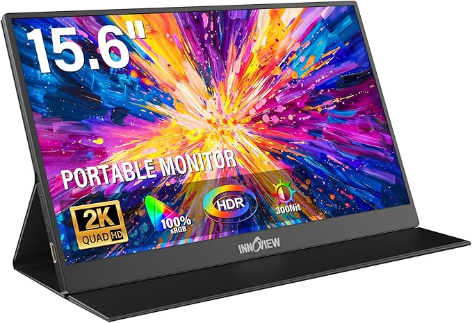 InnoView 2K Portable Monitor for Laptop 15.6" QHD 100% sRGB with Protective Sleeve, Built-in Speaker USB C Standard HDMI Ultra-Slim Travel Monitor for Laptop MacBook Phone PS5 Xbox Switch