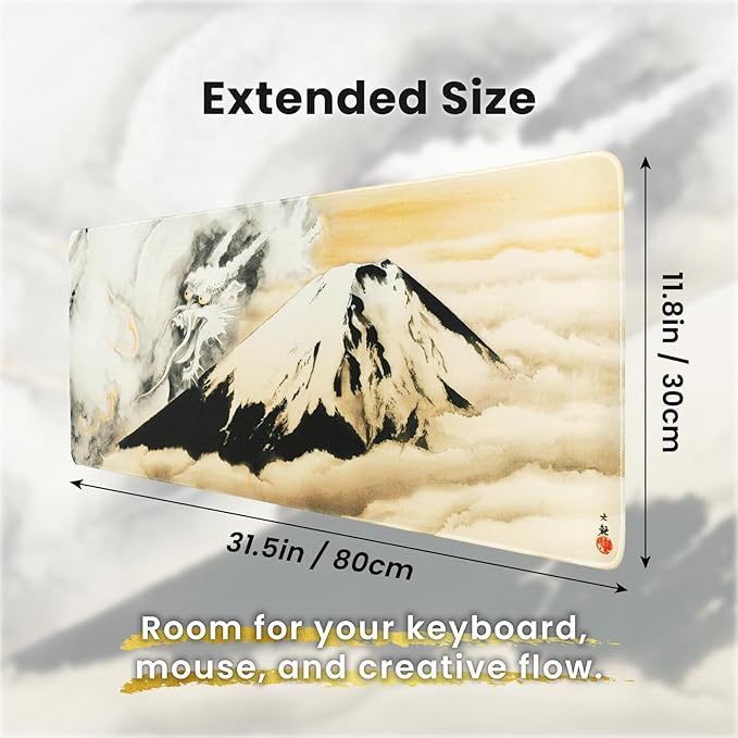 BELLEMOND Japanese Art Desk Mat | Large 31.5x11.8in Anime Mouse Pad for Keyboard & Mouse | Non-Slip Base, Water-Repellent | Original Japanese Design | Guardian of Fuji