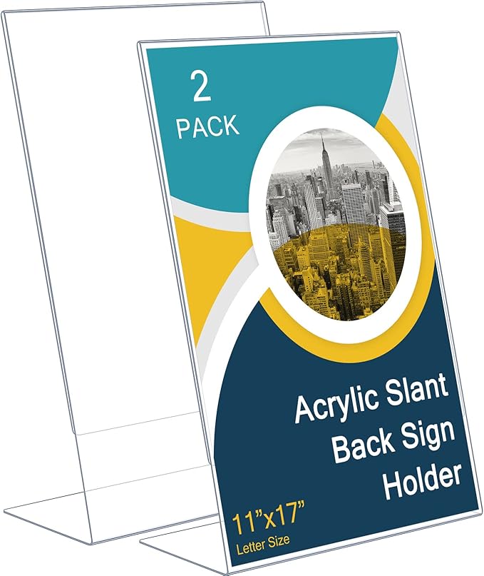 Sanwuta 2 Pack Acrylic Sign Holder,Slant Sign Display Stand,Transparent Flyer Holder Frame Plastic Document Display for Workers Teachers Office Home Menu Desktop(11 x 17 Inch)