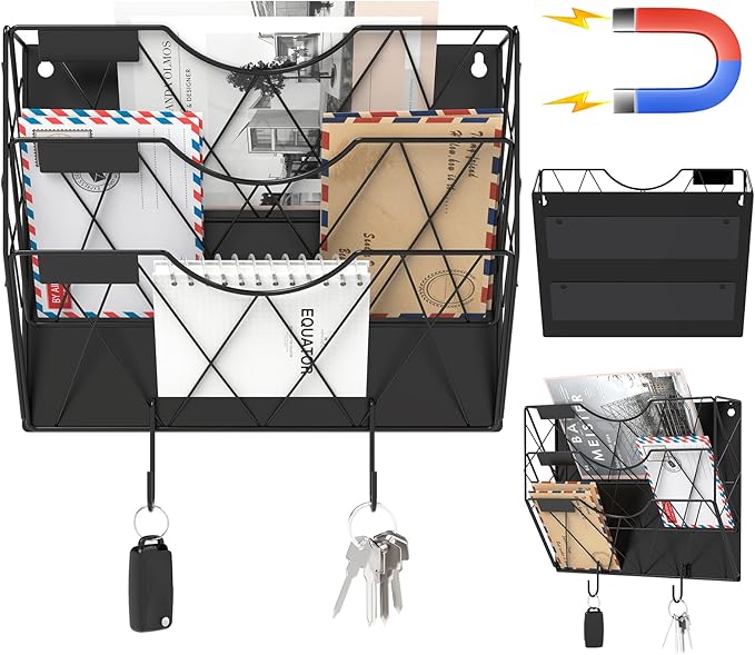 Patvingot Magnetic File Holder for Refrigerator & Cabinets | No-Drill Wall Mount Organizer | 3-Tier Vertical Mail & Magazine Holder for Office/Home (Black, Space-Saving Design)