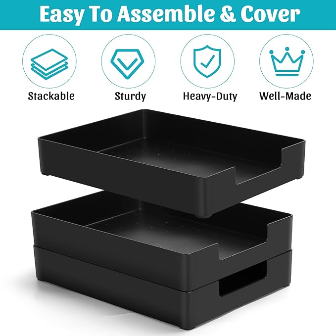 Letter-Size Tray Desk Letter Tray Paper Tray, Sturdy Heavy-Duty Plastic Printer Paper Tray, Single-Tier Stackable File Storage Organizer for Office Home (Black ×2)