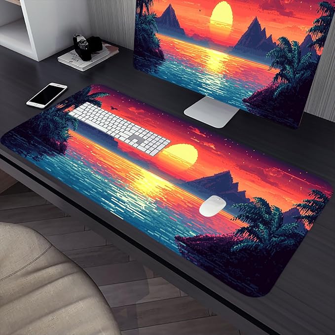 Pixel Art Desk Pad Mouse Pad Sunset Hawaiian Sea Mountains Mousepad XL Large Gaming Mouse Pad Laptop Keyboard Mat Desk Pad 31.5"x11.8" Office Computer Keyboard Laptop Home