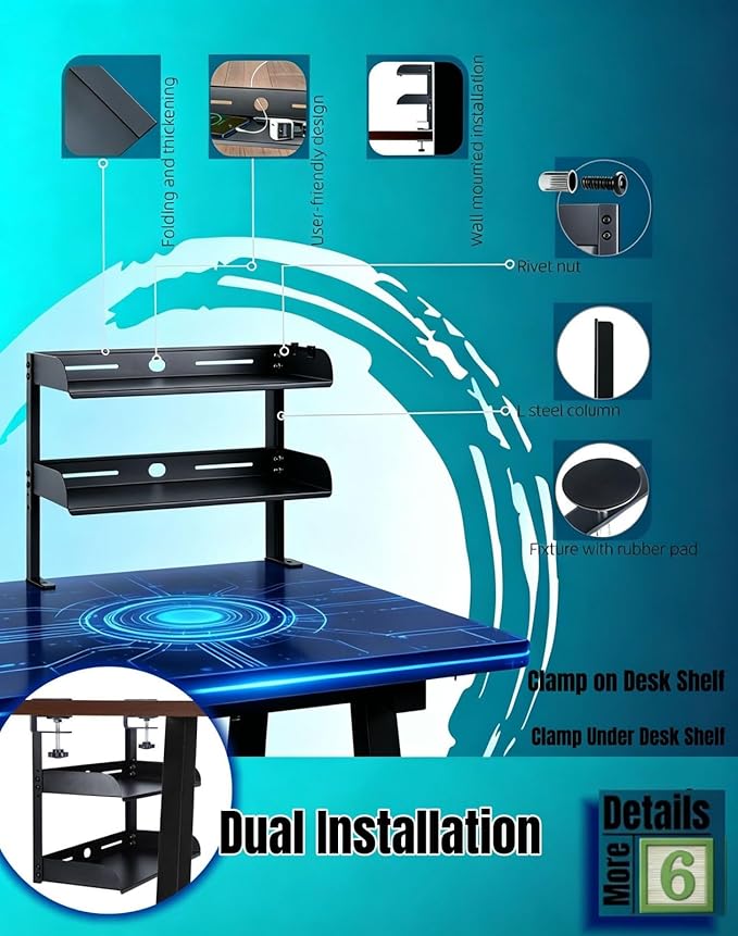 Yuxh Clamp Desk Shelf 16 inch Cilp Under Table Organizer, Black, L