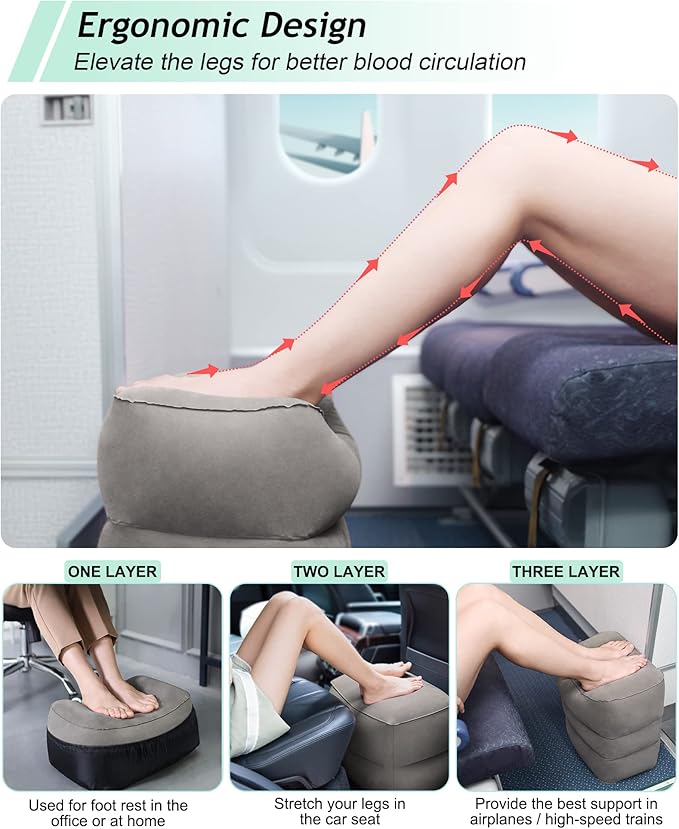 Inflatable Foot Rest Pillow, Kids Airplane Bed, Adjustable 3 Layers Height Leg Rest Pillow, Airplane Travel Essentials Great for Office, Home, Trains, Cars