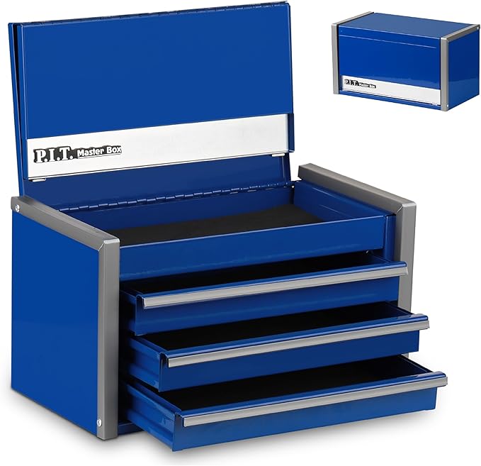 P.I.T. Mini Tool Box 8.6"W X 4.6"D, Portable 3 Drawer Steel Stackable Blue Tool Box with Magnetic Tab Locking, Blue Micro Top Chest with Liner for Tools Storage and Organizers, Home DIY